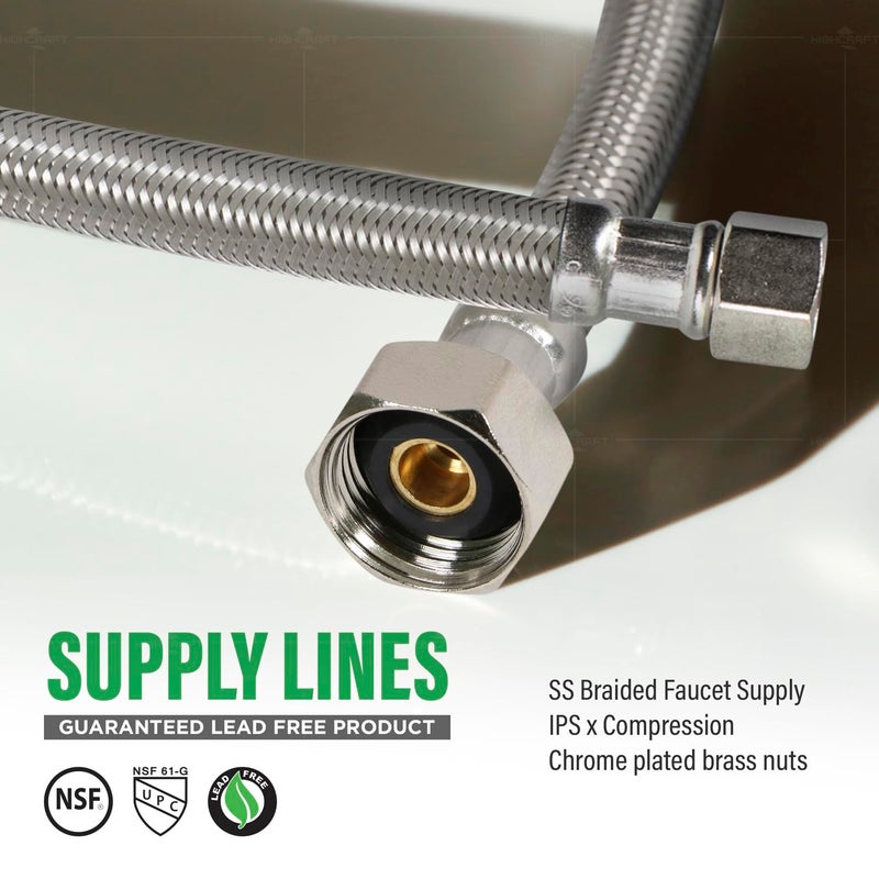 Highcraft CNCT27116-OM-2 Braided Faucet Connector 16" Long, 1/2" IPS Brass Nut X 3/8 Female Fitting, Stainless Steel Lead-Free, 2 Pack - Image 2